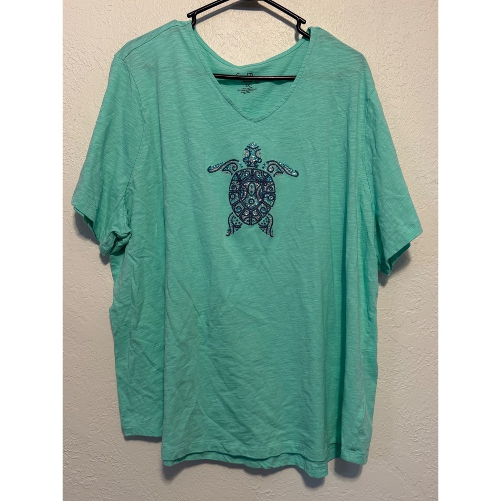 Coral Bay Woman Aqua Cotton Sea Turtle Rhinestone V-Neck Tee Shirt 3X